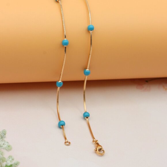 Rose Gold Chain Necklace with Blue Beads Elegant Style, XPNL0256 - Picture 9 of 12